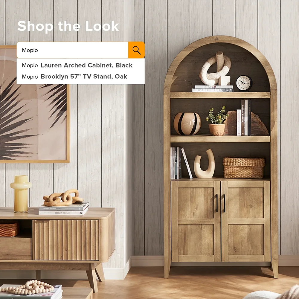 5-Tier Arched Bookcase with Doors and Shelves Living Room Furniture Bookshelf with Storage Cabinet supplier
