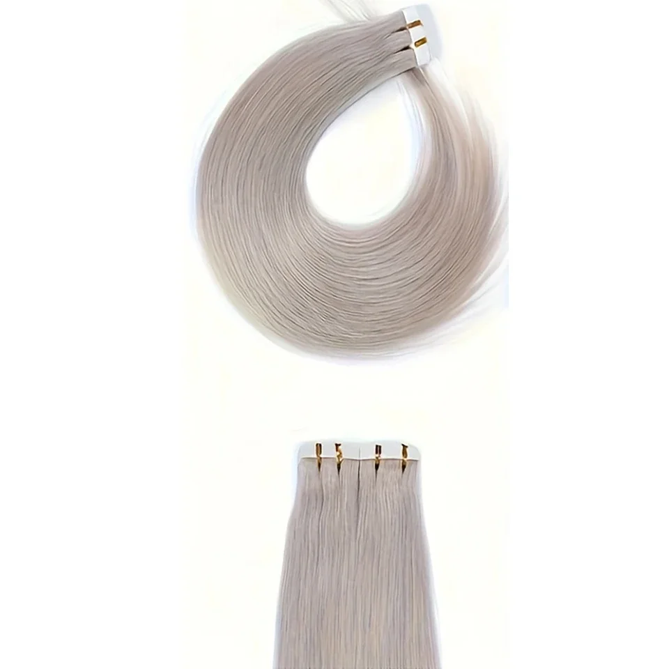Estensioni nastro grigio argento Remy capelli umani trama di pelle senza soluzione di continuità_voghion.com