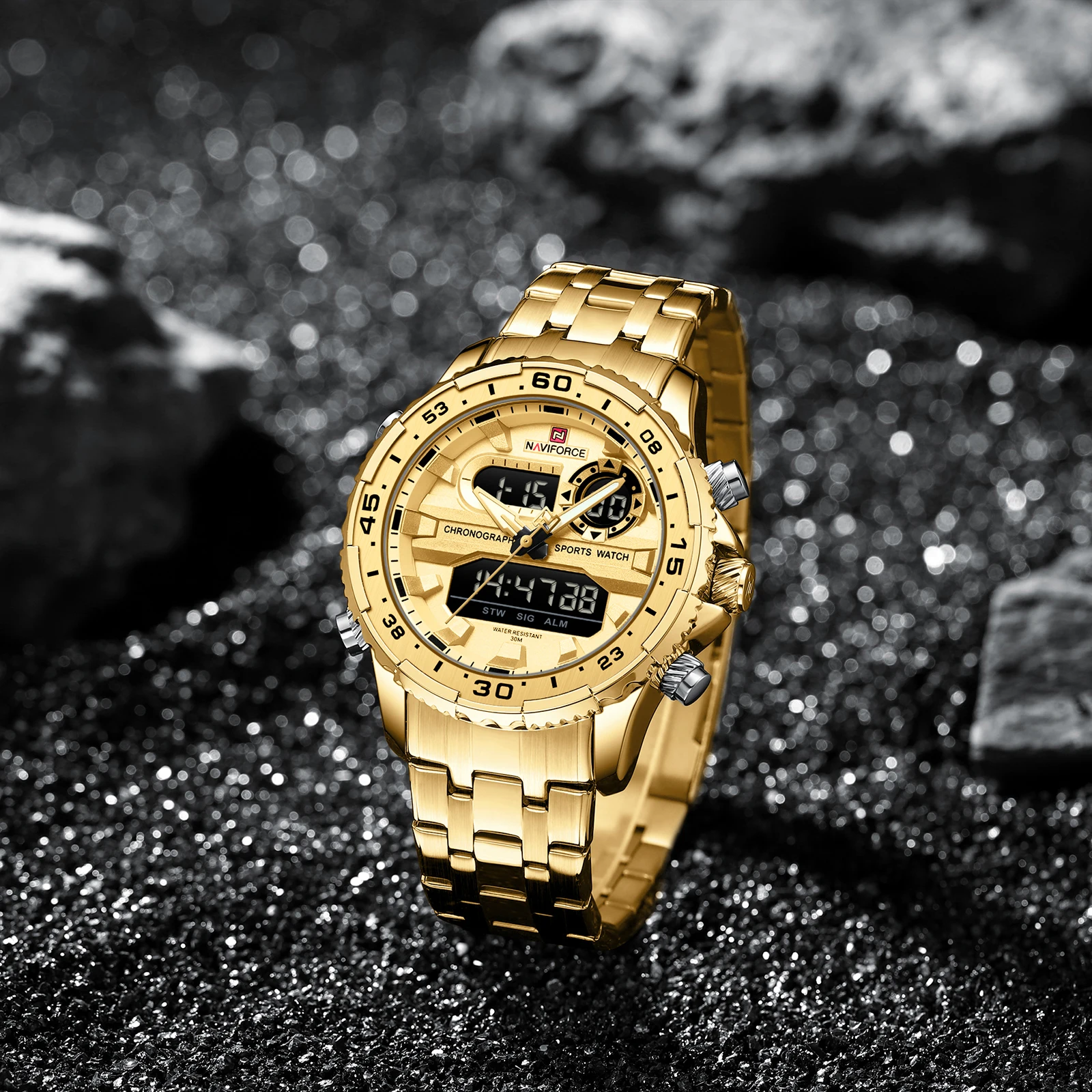 NAVIFORCE 9234 nuevo reloj de oro para hombre cronógrafo multifunción  pantalla LED luminoso impermeable Calendario de negocios relojes de cuarzo