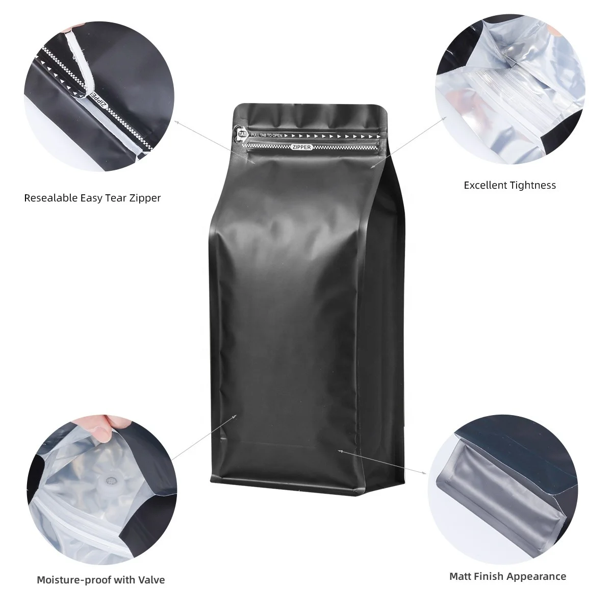 High Quality Customized Matt Finish Coffee Bag Zip Flat Bottom 250G 500G 1000G Black and White Pull Tap Kraft Paper Material manufacture