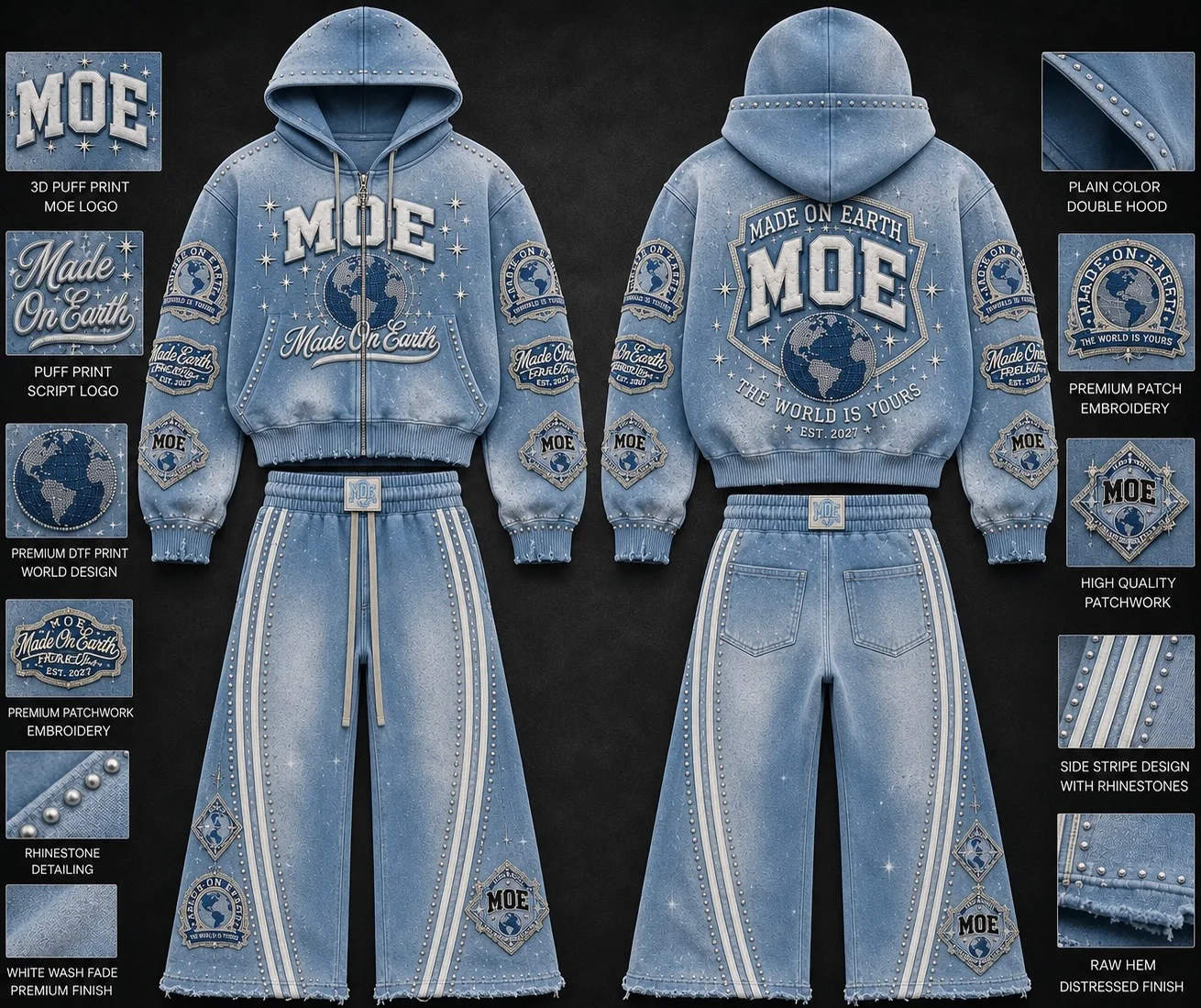 Brugerdefineret streetwear-tostyks tracksuit, puff-print og patch-broderi, strass-vasket råkant unisex bredbenet sæt, OEM tilgængelig