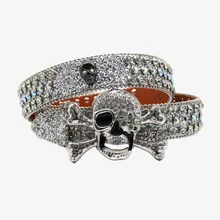 Factory Wholesale High Quality Silver Color Skull Buckle Glitter Bb Simon Belt Sparkling Rhinestone Belt