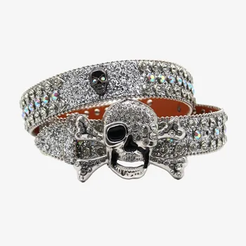 Factory Wholesale High Quality Silver Color Skull Buckle Glitter Bb Simon Belt Sparkling Rhinestone Belt