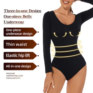 European American Style Women's Thin Nylon Seamless Long-sleeved One-piece Bodysuit Body Shaping Underwear