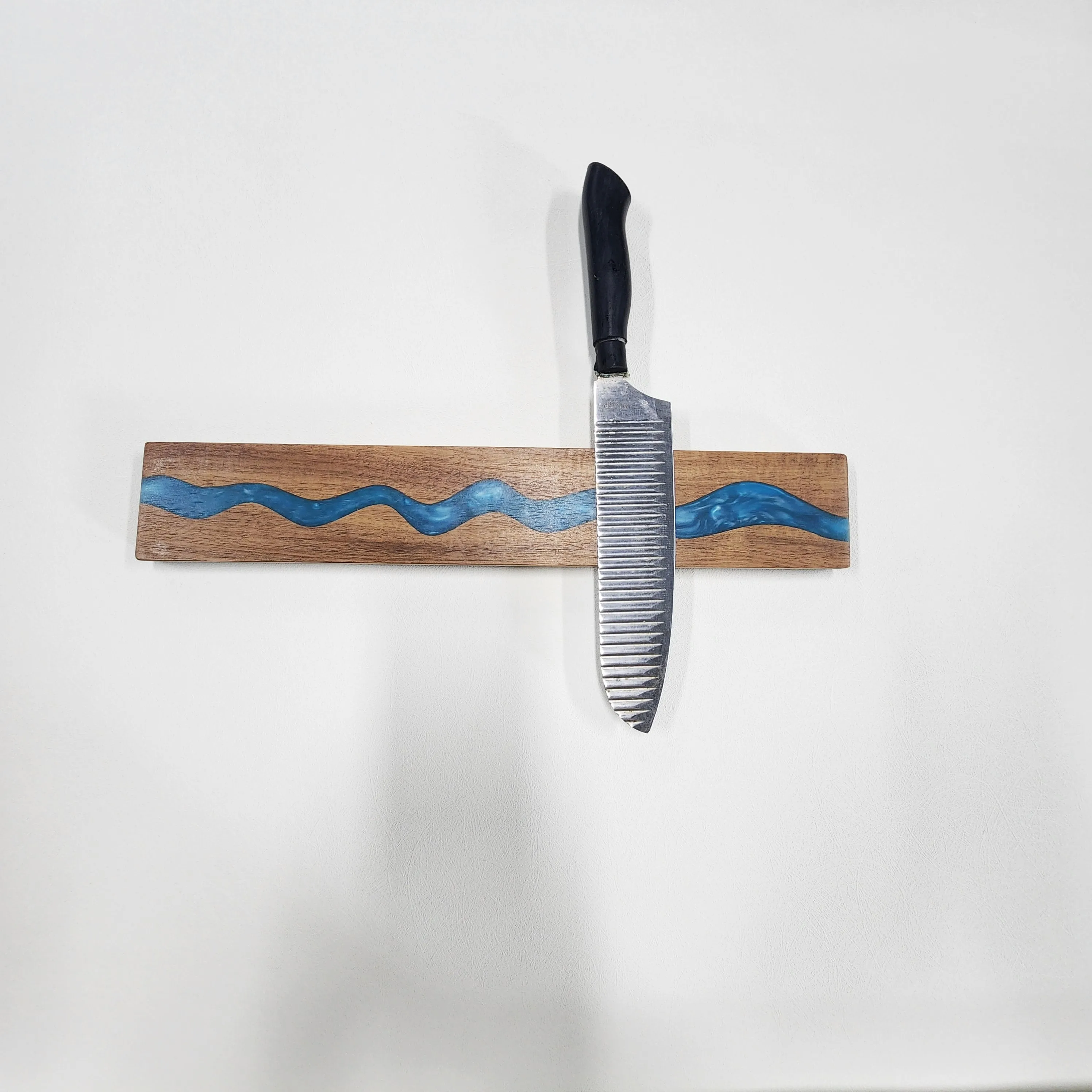 Ready to Ship Acacia Wood Magnetic Knife Block Blue Resin Kitchen