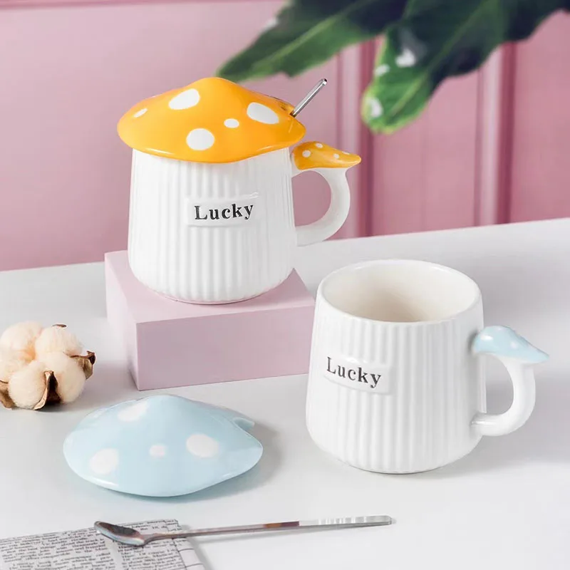 Factory Direct Selling Japanese Style Cute Mushroom Gift Cup Creative Relief Ceramic Coffee Cup With Lid Spoon