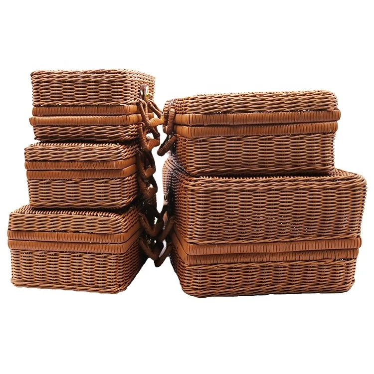 Vintage Weaved Picnic Basket Stackable Soft Rectangular Woven Storage Plastic Rattan Suitcase with Lid