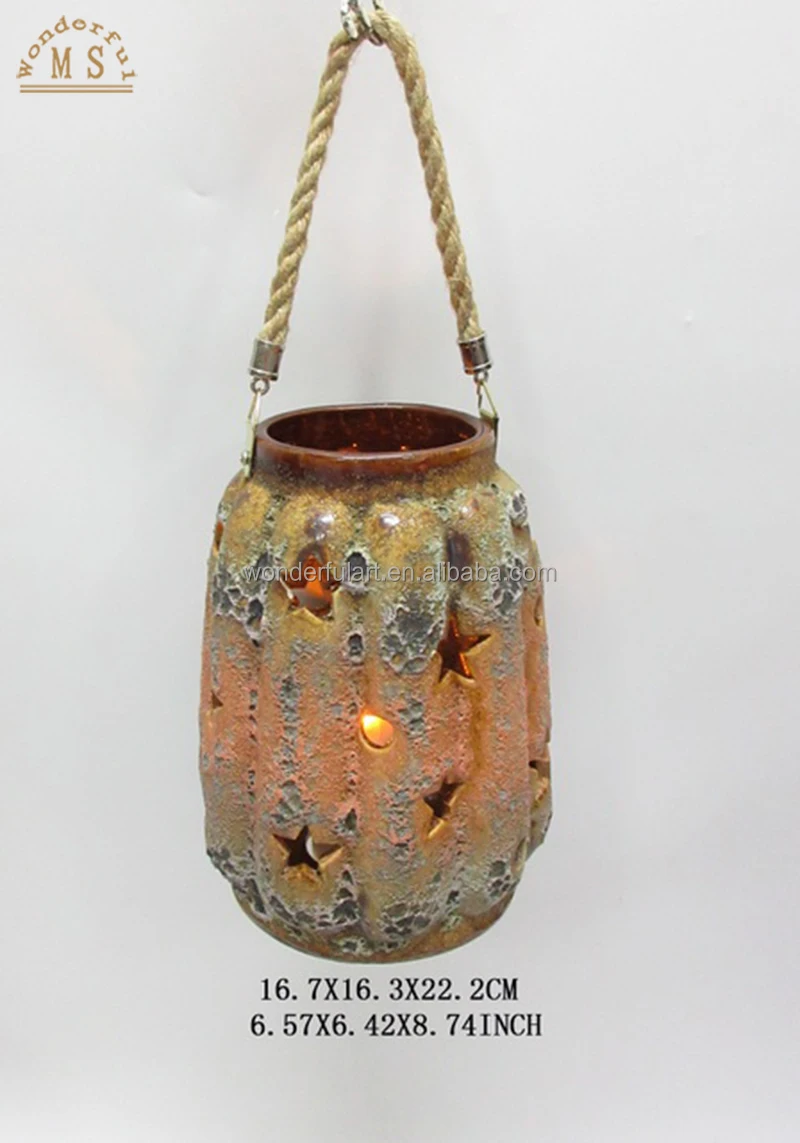 Pumpkin shaped hanging candlestick lantern lamp ceramic tea light candle holder with led light for home decor