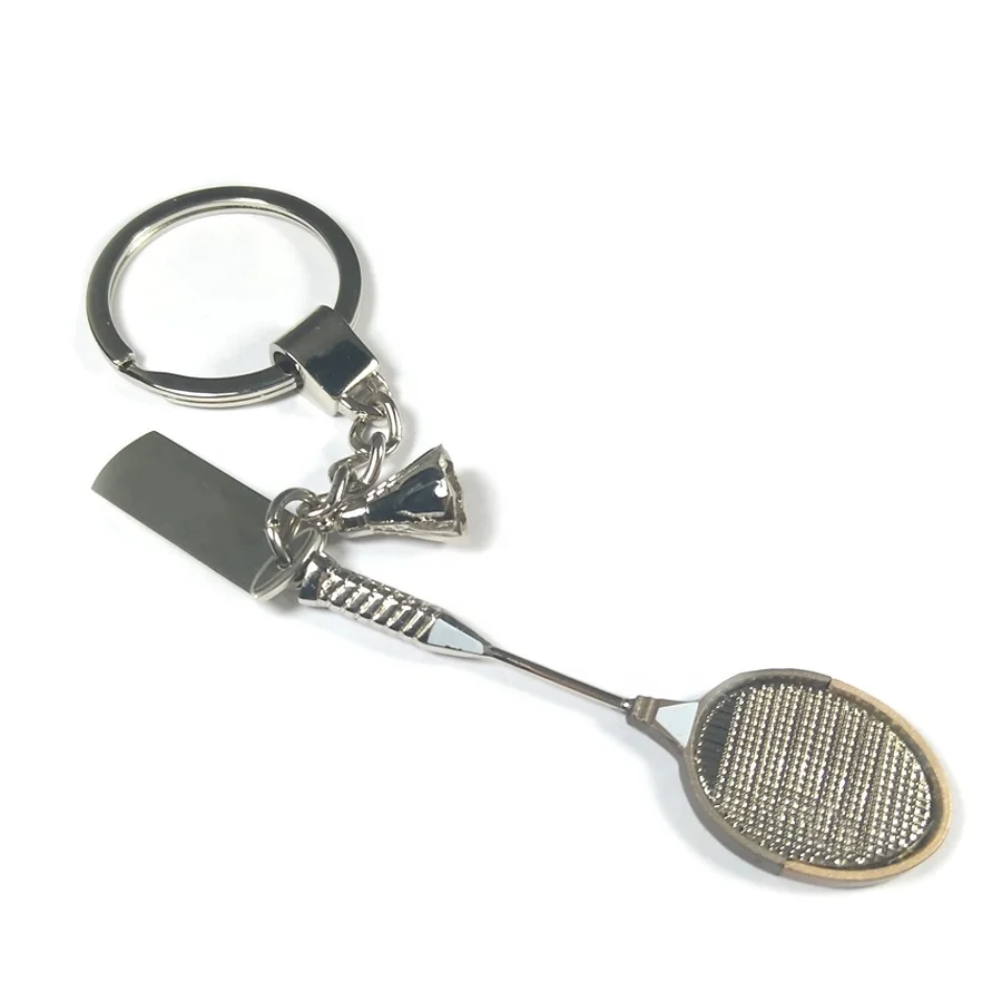 Fashionable Metal Badminton Racket Keychain with Battledore Shuttlecock & Tennis Shuttle Featuring Slogan Tag