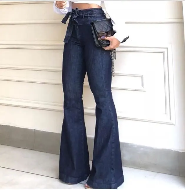Wholesale Custom Woman Jeans Boot Cut Flare Bell Bottoms Ladies Lace up Mujer Denim High Waist Jeans Pants for Women