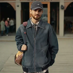 OEM & ODM 2026 New Year Casual Retro Distressed Washed Denim Jacket with Embroidered Button Functional Loose Pilot Frock for Winter