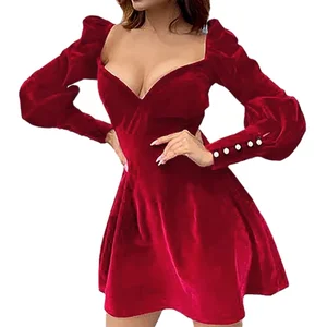 Custom 2026 Club Lady Fashion Vintage Elegant Autumn Luxury Fall Velvet Long Sleeve Party Ruffle Mini Clothes Dress for Women