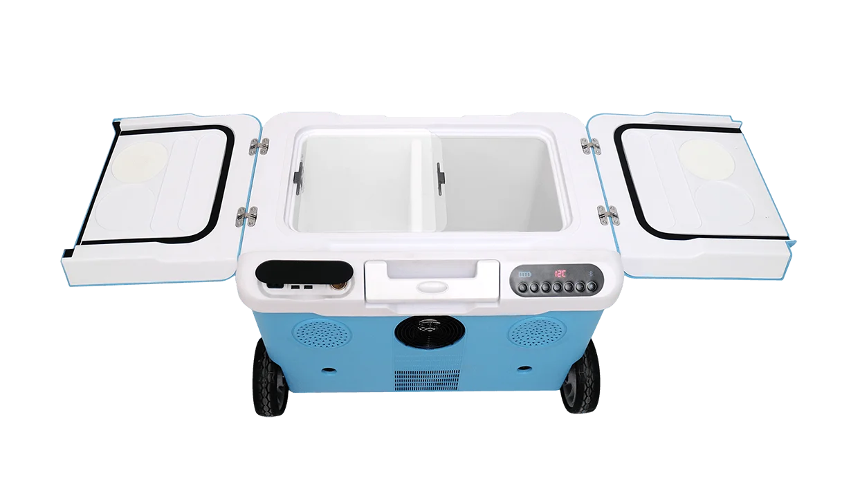 Outdoor Party Refrigerator with bluetooth Speaker 12V Portable Compressor Car Fridge Freezer with Handle and Wheel