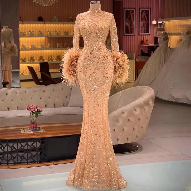 MB239002 Glitter Beaded Sequined Feather Accented Long Sleeves High Neck Dubai Evening Pary Dress Muslim Arabic Women Gown Prom MB239002 Glitter Beaded Sequined Feather Accented Long Sleeves High Neck Dubai Evening Pary Dress Muslim Arabic Women Gown Prom
