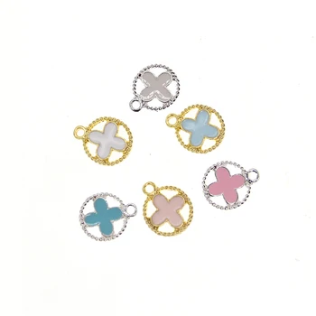 Mini Enamel Round Shape Cross Charms Pendant For Kids Good Luck Gold/Silver Plated Clover Baby Pin Charms for DIY Jewelry Making