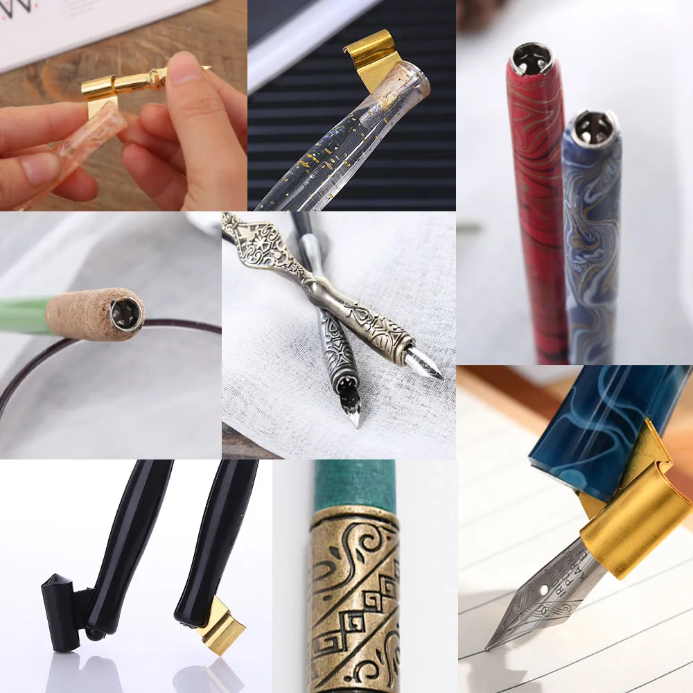 Retro Metal Carving Pen Barrel with Wood Calligraphy Dip Pen Holder for Calligraphy Word Art Pen-and-Ink Drawing Vintage Green