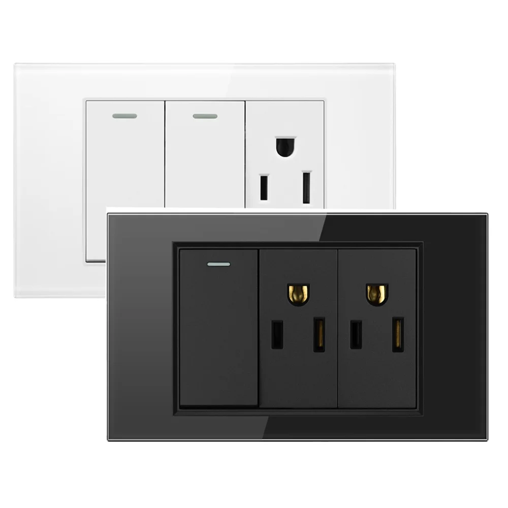 Power Wall Socket Light Switch Double 1/2 Pole Glass Panel Outlets Plate US Modular Mounted Home Office Electrical Appliances 5.