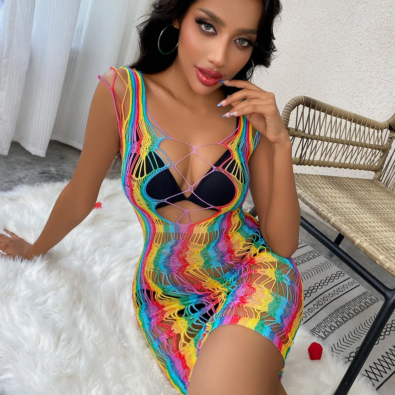 Cute Colorful Striped Ribbed Fishnet Stocking Women's Mesh Hollow Out  Rainbow Bodystocking Dress