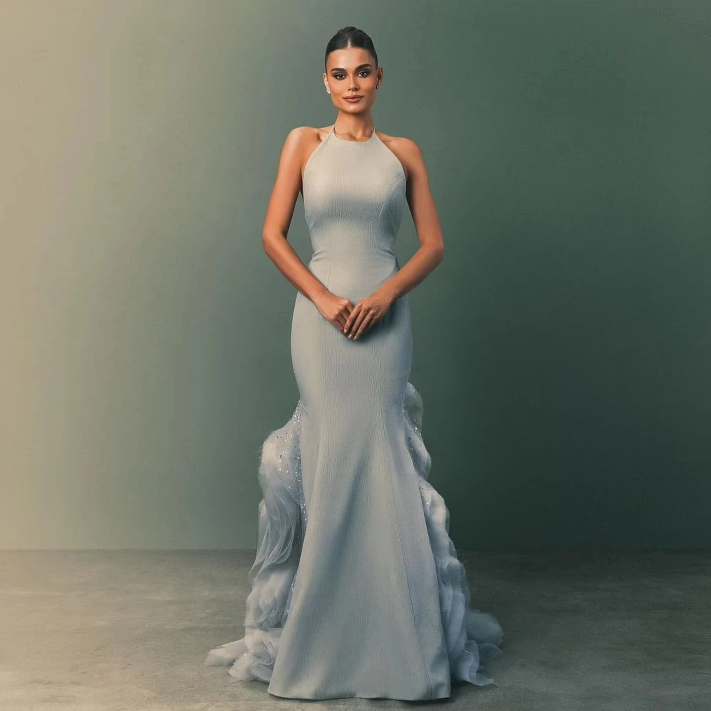 Jancember LSZ524 Arabic Light Blue Backless Mermaid Evening Dress with  Ruffled Crystal Wedding Party Gowns