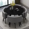 Black round table + 4 chairs dark gray leather