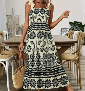 Summer Bohemian Floral Maxi Dress Natural Waist Breathable Knitting Casual Sexy Bow Straps Backless Design XS Plain Washable