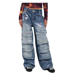 High Quality Multi-Pocket Design Splash Metal Silver Men'S Washed Blue Baggy Straight Denim Cargo Pants Street Wide Leg Jeans