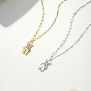 Jewelry Cute Fashion Style Bear Inlaid Five Rows Colored Zircon Stainless Steel Link Chain Necklace Wholesale