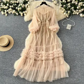 2025 Vintage Sexy Women's Midi Dress Elegant Spring Tunic 3D Embroidered Empire Mesh Wosted Vestidos Casual Vintage Style Summer