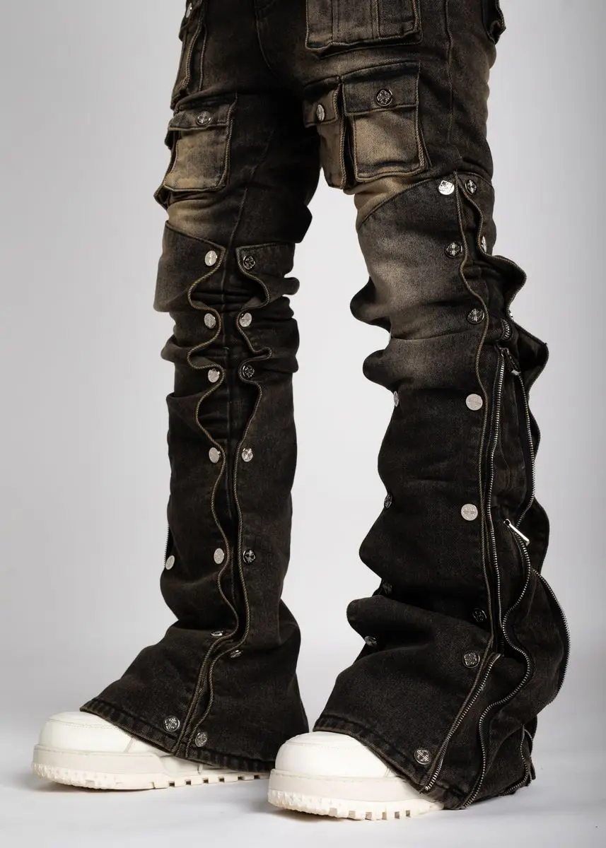 Salati Custom New Sun Faded Stone Acid Wash Boot Cut Carpenter Skinny Distressed Man Cargo Denim Pant Trousers Stacked Men Jeans gallery 4