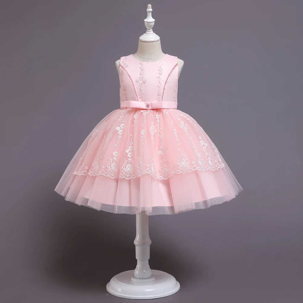 Girl Lace Bowknot Night Dress for Kids Model Catwalk Show Flower Beautiful  Birthday Dress for Girls Pink 2-10 Years Old