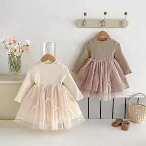 Autumn Winter Toddler Girls' Long Sleeve Mesh Dress Princess Gift with Pit Strip Ear Edge Bow Layered Dress Clothes for Kids