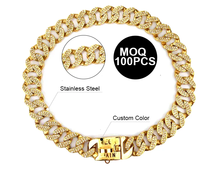 Luxury Gold Tone Cut Curb Cuban Link Inlaid Rhinestone 316l Stainless Steel Lead Custom Dog