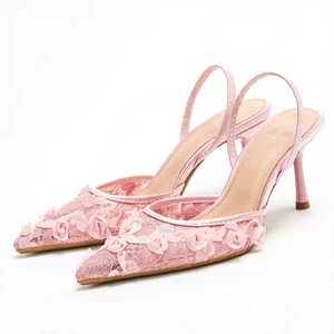 1235B-14 Women's Summer Fashion Breathable Lace Petal Mesh Sexy Pink Pointed Toe Slip-On High Heel Sandal for Autumn