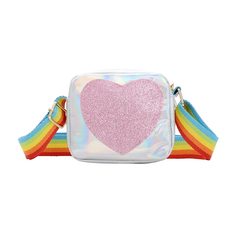 Red Kids Girls Crossbody Purse Love Heart Shape Rainbow Shoulder Strap Handbags Little Princess Shoulder Bags Laser Bag 
