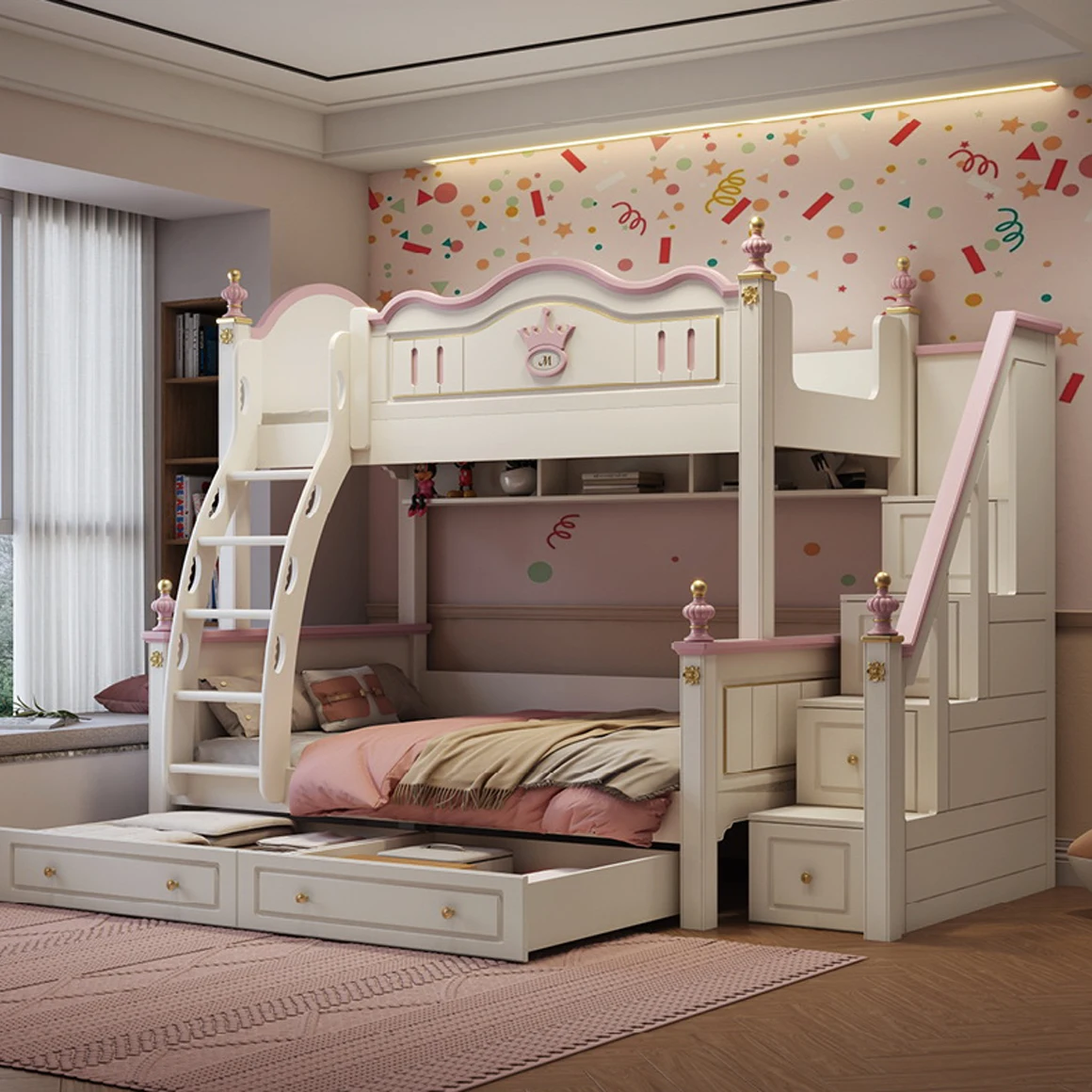 Castle Princess Girl Children Bedroom Furniture Set Wooden Pink Kids Bunk Bed with Storage Double Bunk Bed for Kids Stairs
