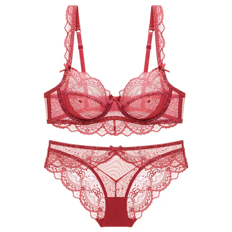 Sexy Lace Ultra-thin Transparent Bra and Panty Set Embroidery Lace