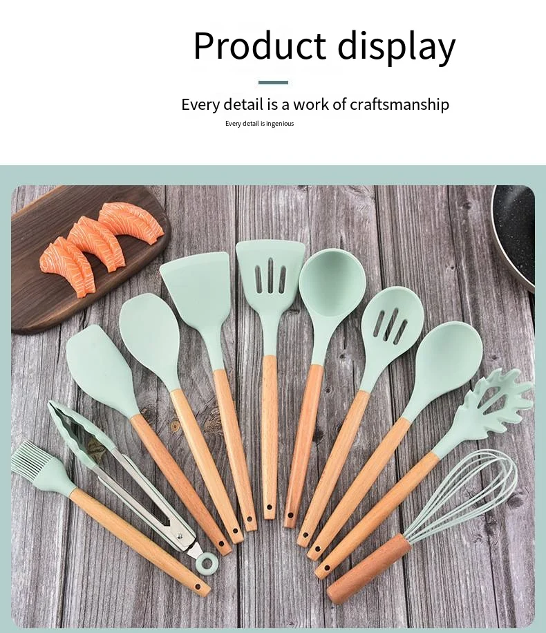 Wooden handle silicone kitchen utensil 12-piece non-stick frying pan kitchen tools Cooking spatula spoon Baking storage tool set manufacture