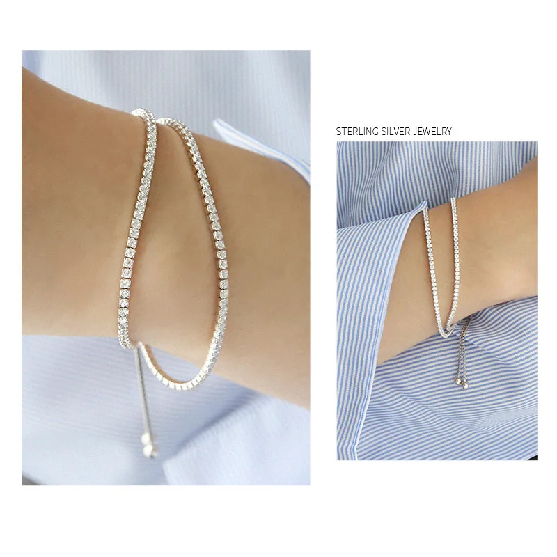 Real Sterling Silver Women Bracelets Clear Stone CZ  Double Layer Cup Chain Adjustable Tennis Bracelet Silver 925 Jewelry