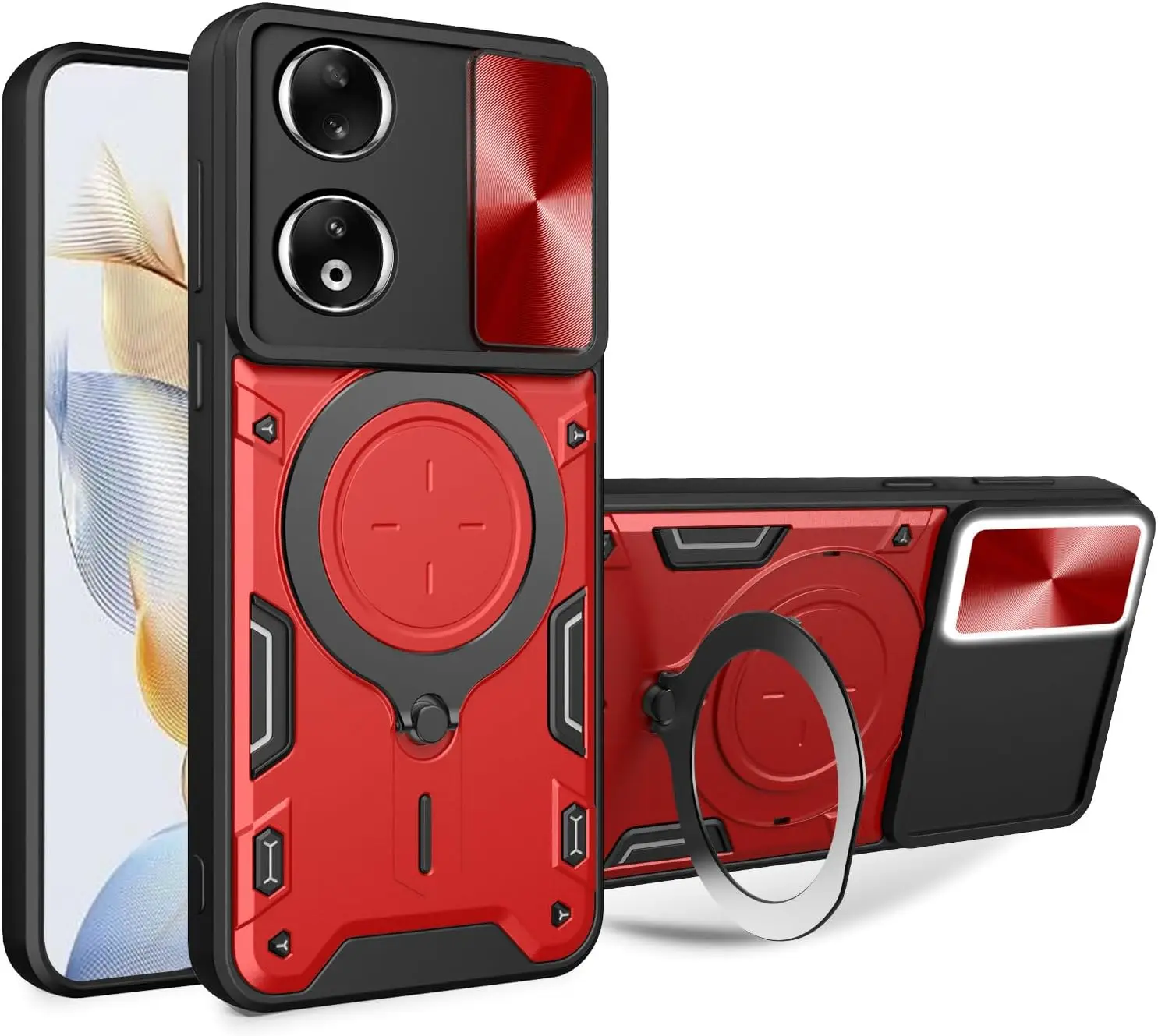 Slide Camera Lens Cover for Huawei Honor X6B X9B X9A X8B X7B Metal Ring Rotation Kickstand Shockproof Heavy Duty Protective Case