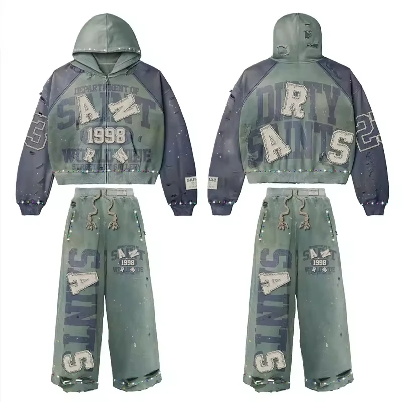 High Street Casual Autumn Sports Set - 500 Gsm Heavyweight Thick Cotton Fleece Baggy Hoodie & Sweatpants Tracksuits