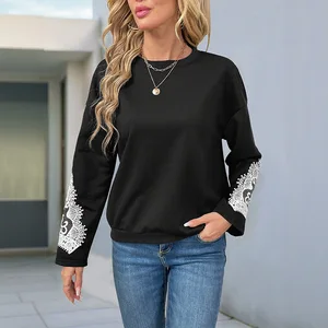 The 2025 Autumn New Cross-border Foreign Trade Lace Patchwork Daily Versatile Round-neck Pullover Hoodie for Women