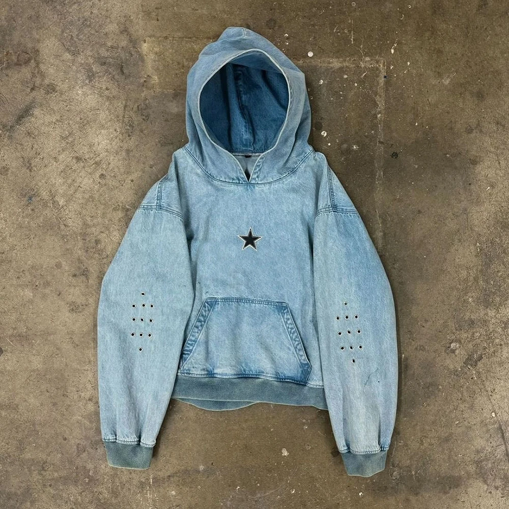 Salati Custom Designer Mit Logo Unisex Sweatshirt Pullover Sun Faded 500 GSM Embroidery Vintage Acid Wash Jeans Denim Hoodie Men
