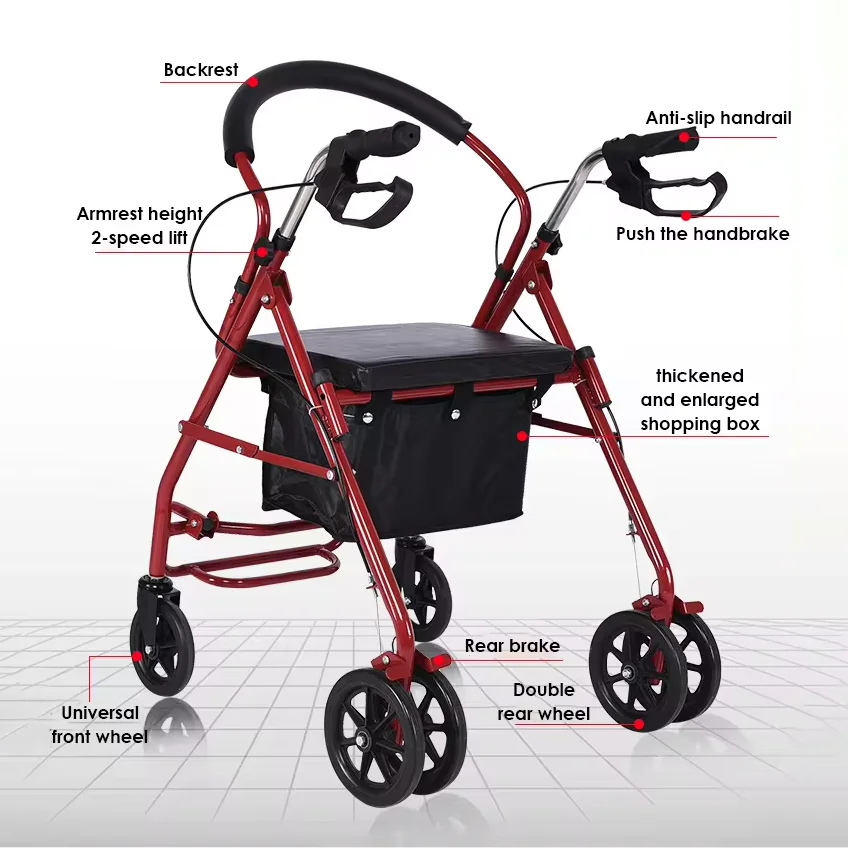 Factory Outlet Rollator Folding Walker Portable Patient Adjustable Shopping Medical Outdoor Steel Rollator Walker with Seat