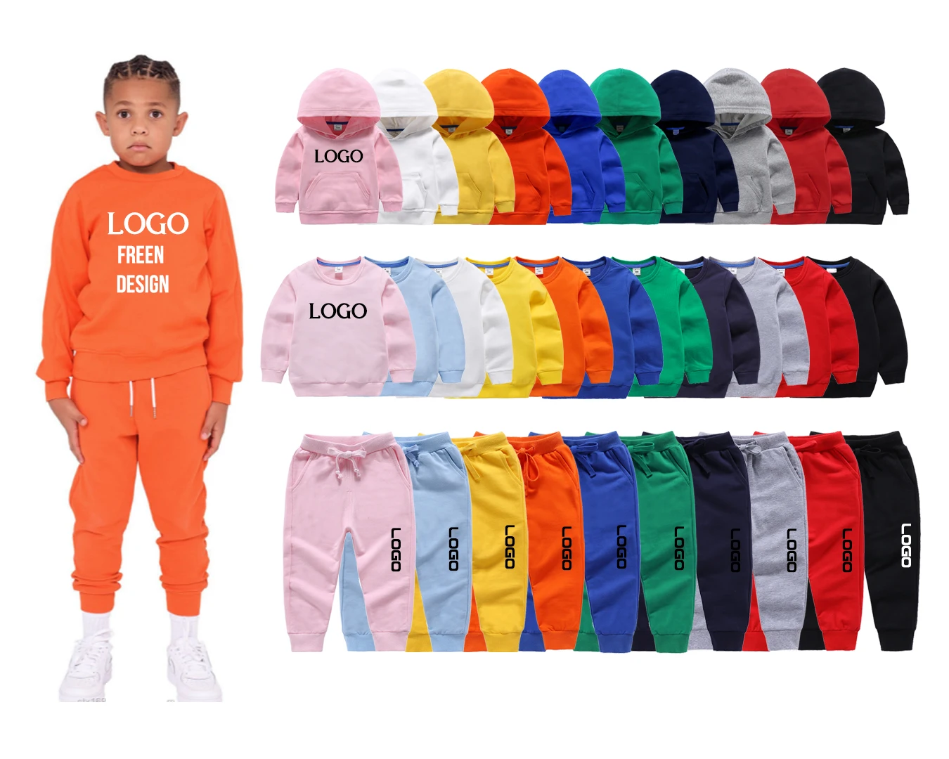 Custom Fashion 2pcs Set for Baby Cotton Plain Solid Color Hoodies