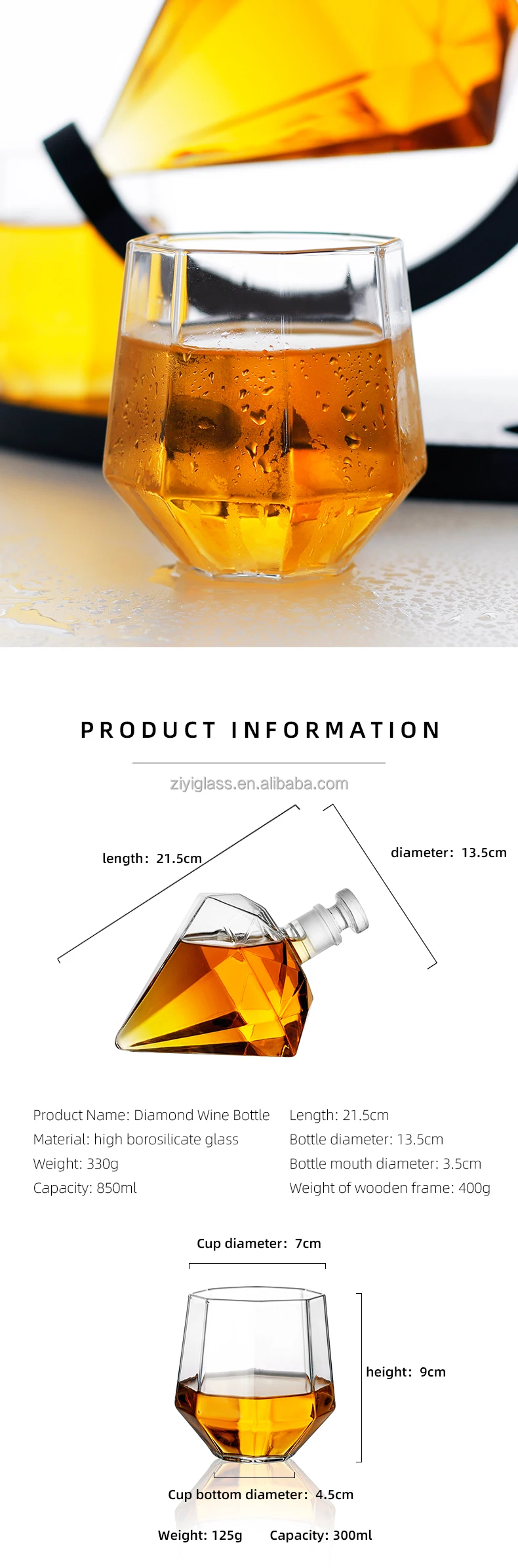 Wholesale Glass Decanter Set Custom Logo 850ml Handblown Diamond High Borosilicate Glass Whiskey