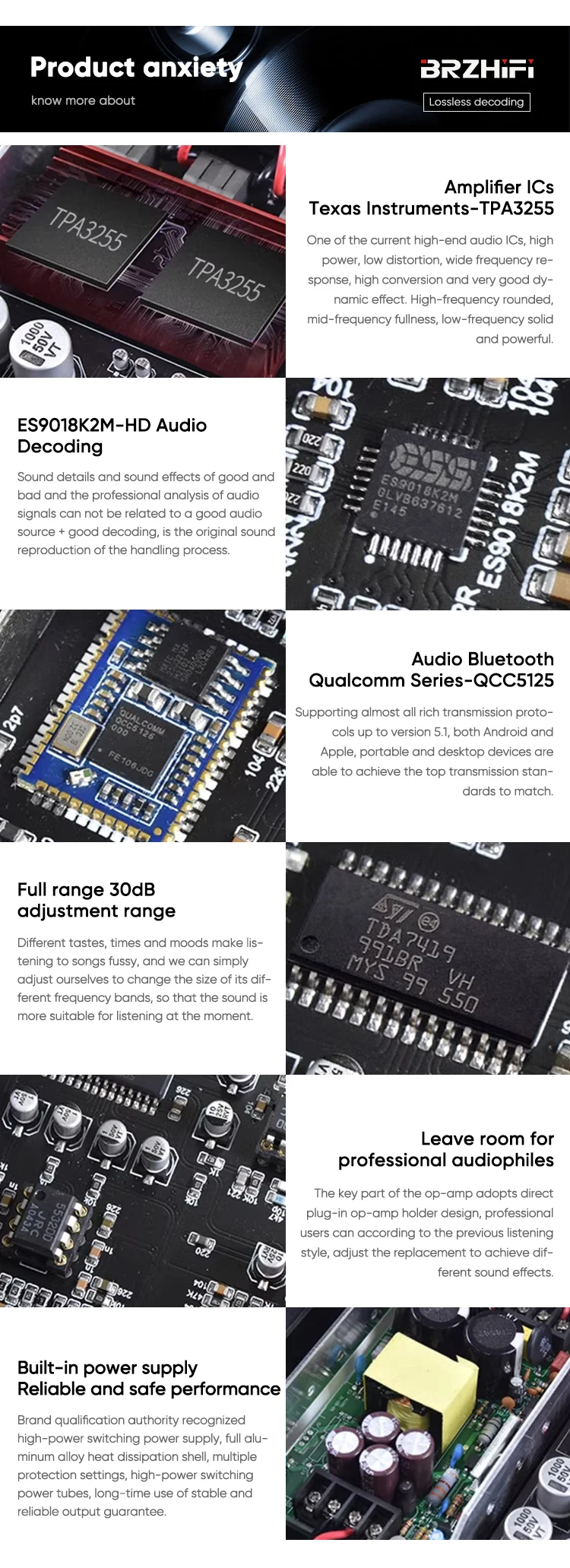 BRZHIFI Professional 2.1 Channel HIFI Amplifier Board BT5.0 Wireless Connection Lossless Audio Sound LDAC APTX Stereo Digital details