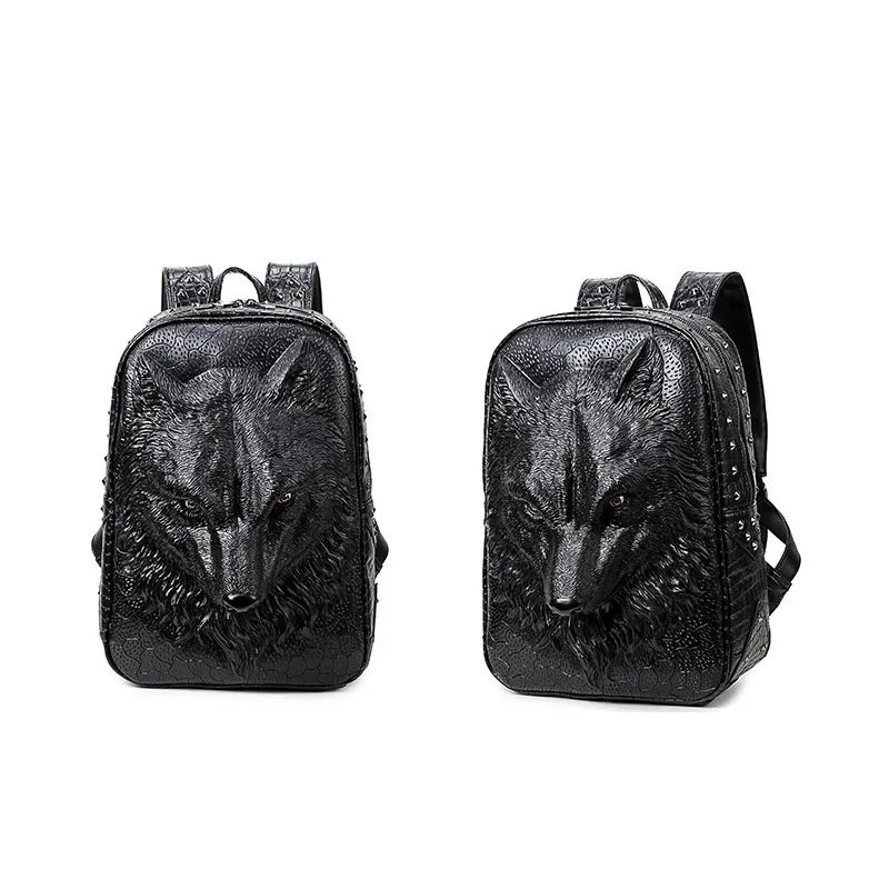 3d black wolf pu leather cheap backpack