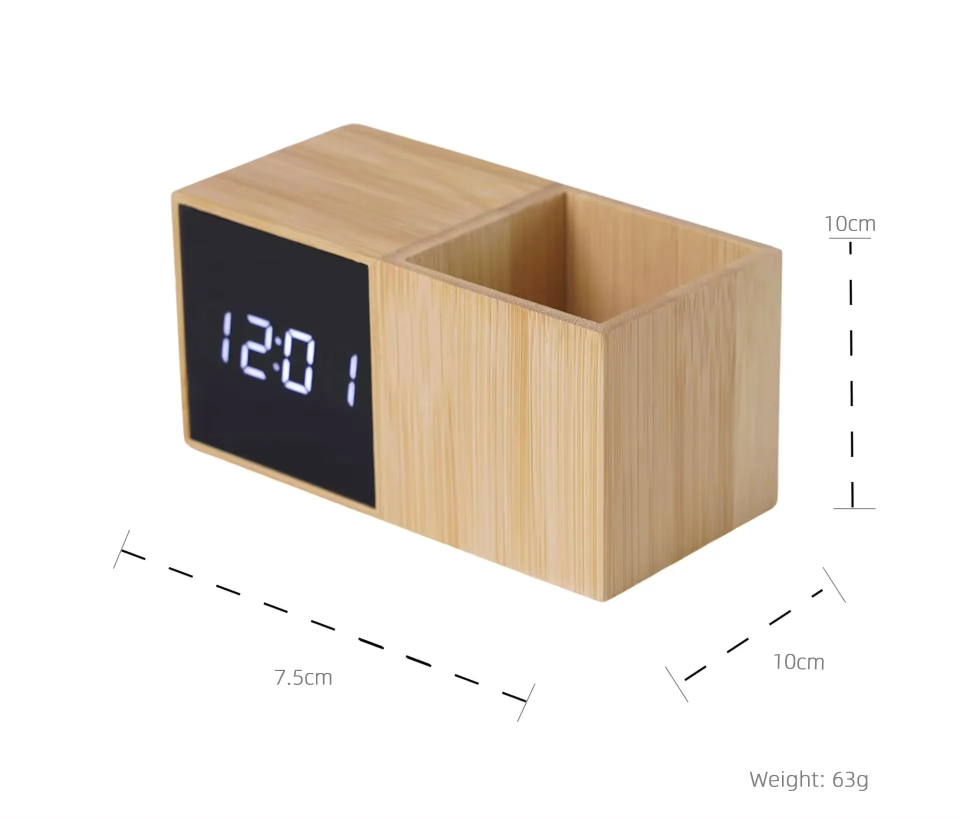 Durable in Use Hot Sale Mirror Surface Time Date Temperature Digital LED Wood Alarm Clock with Pen Holder