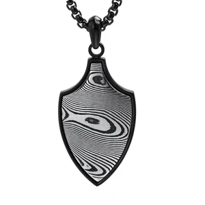 Men's Damascus Steel Shield Pendant Necklace - Black/Silver Viking Jewelry with Chain for Men