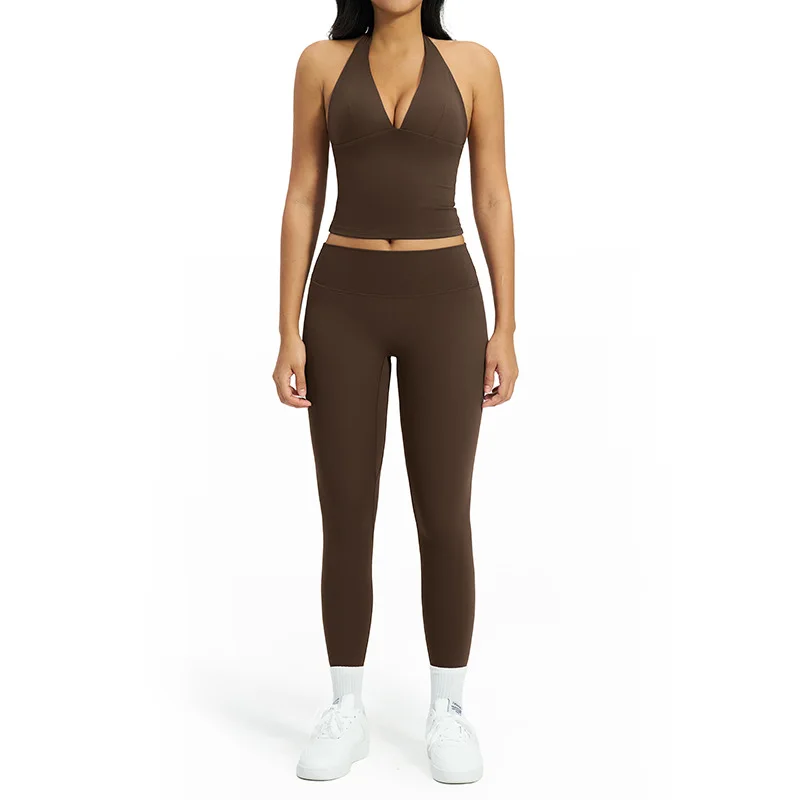 Brushed Solid Breathable Yoga Set V-neck Halter Neck Beautiful Back Tight-fitting 2-Piec preview